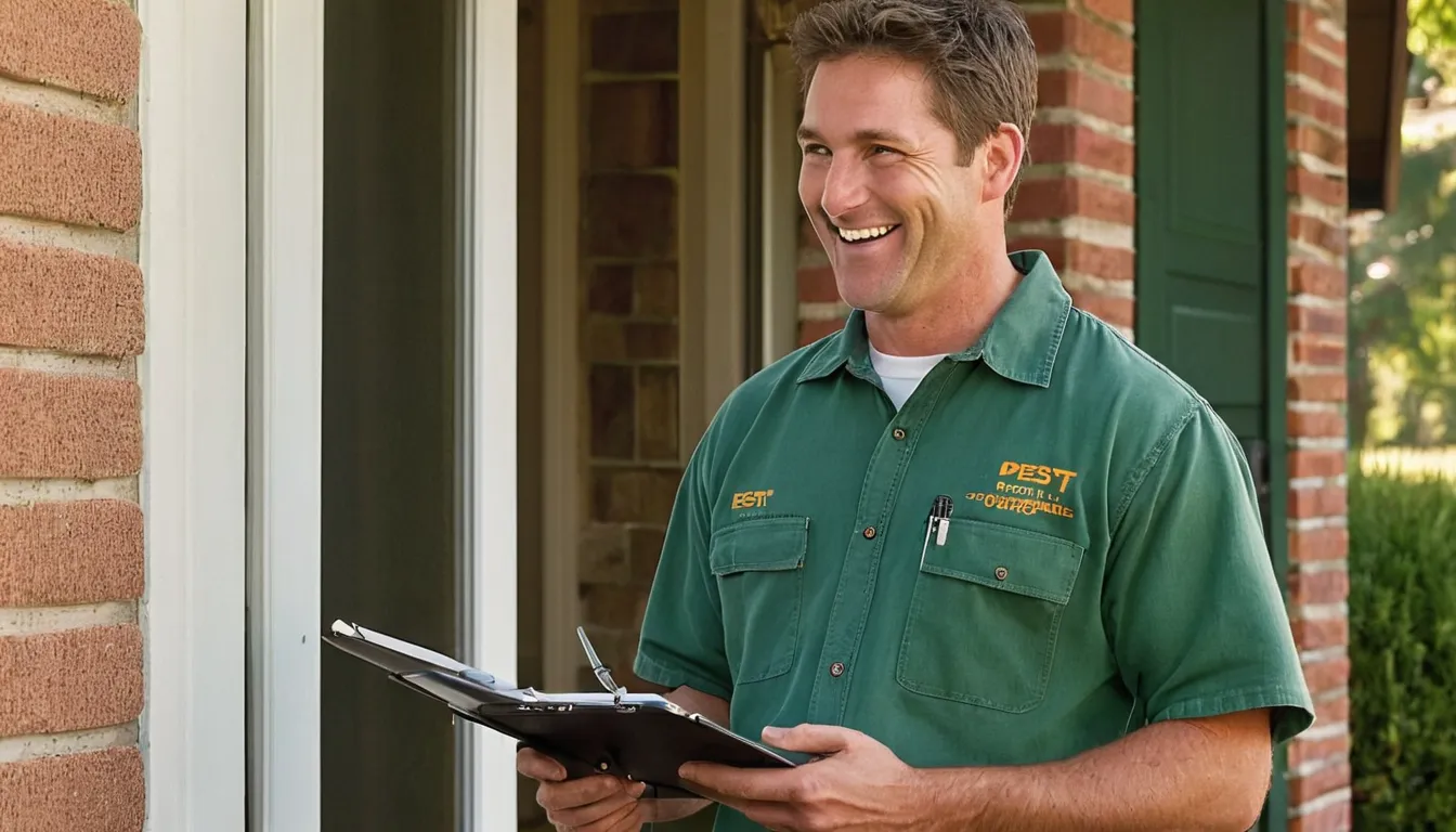 A friendly pest control provider talking with a homeowner outside a brick ranch house in Prosper