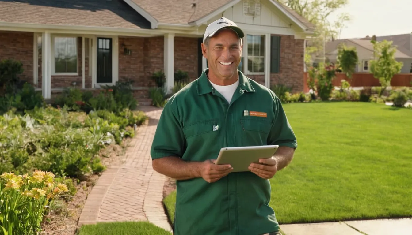 A friendly pest control provider talking with a homeowner beside a brick ranch home in Prosper